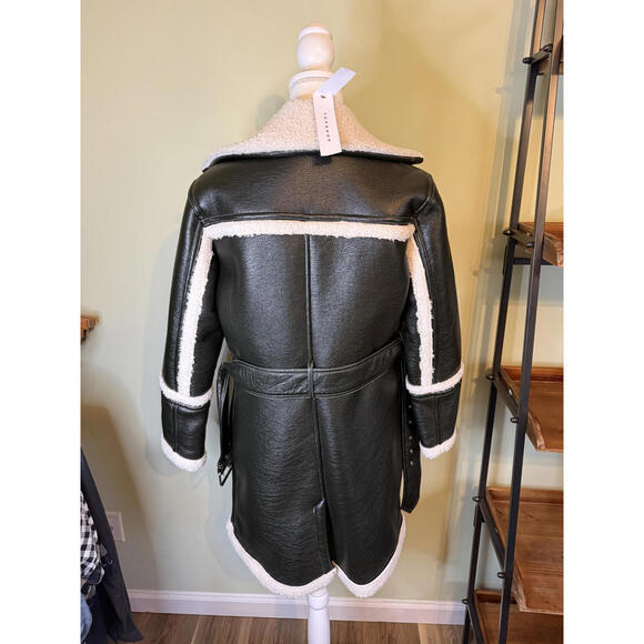 NWT! TopShop Faux Leather & Faux Shearling Dark Green Moto Jacket Size 4 - Picture 7 of 9